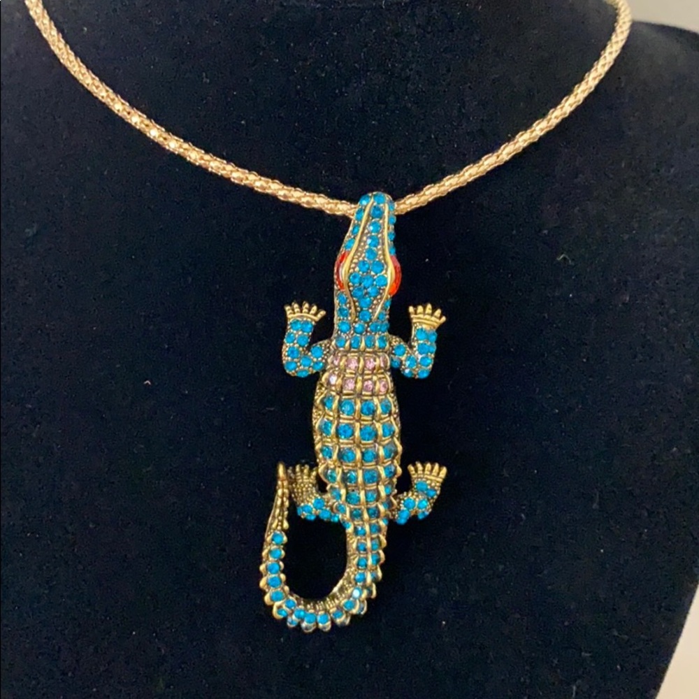 Vintage Betsey Johnson Turquoise and Gold Crocodile Broach/ pendant